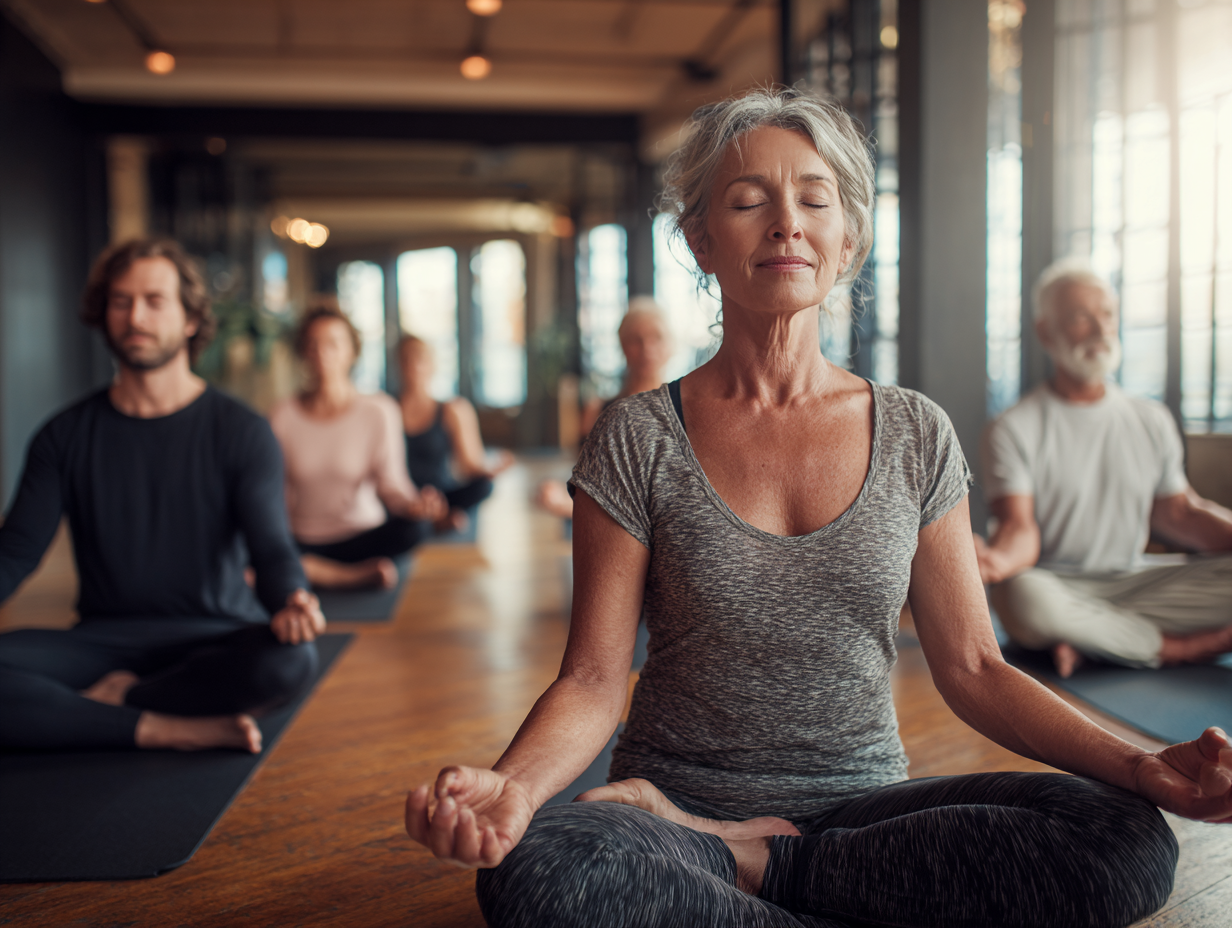 Жена практикува йога сутрин на терасата